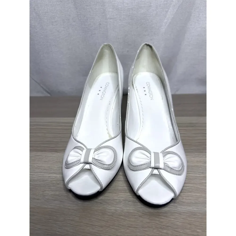 Covington White Taupe Retro‎ Bow Peep Toe Bridal Event Heels